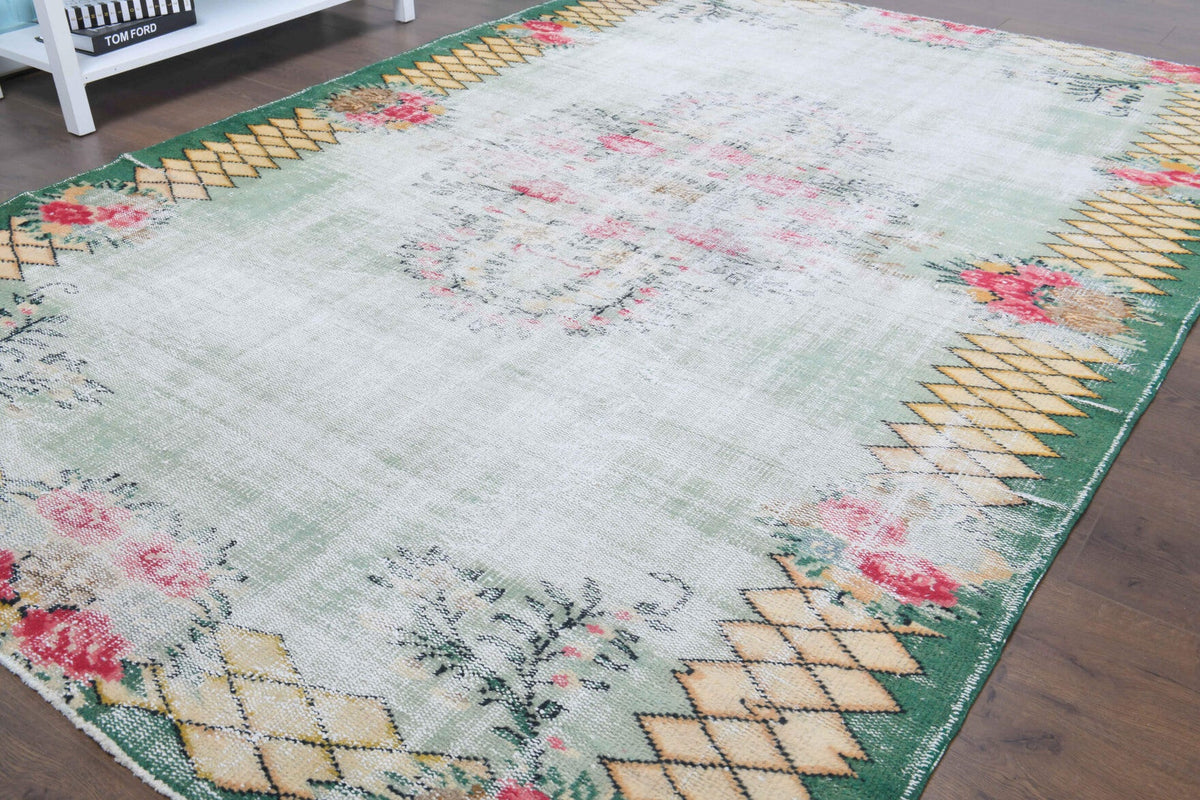El yapımı vintage halı 152x244 cm oryantal desenli yün - yakın çekim doku detayı
