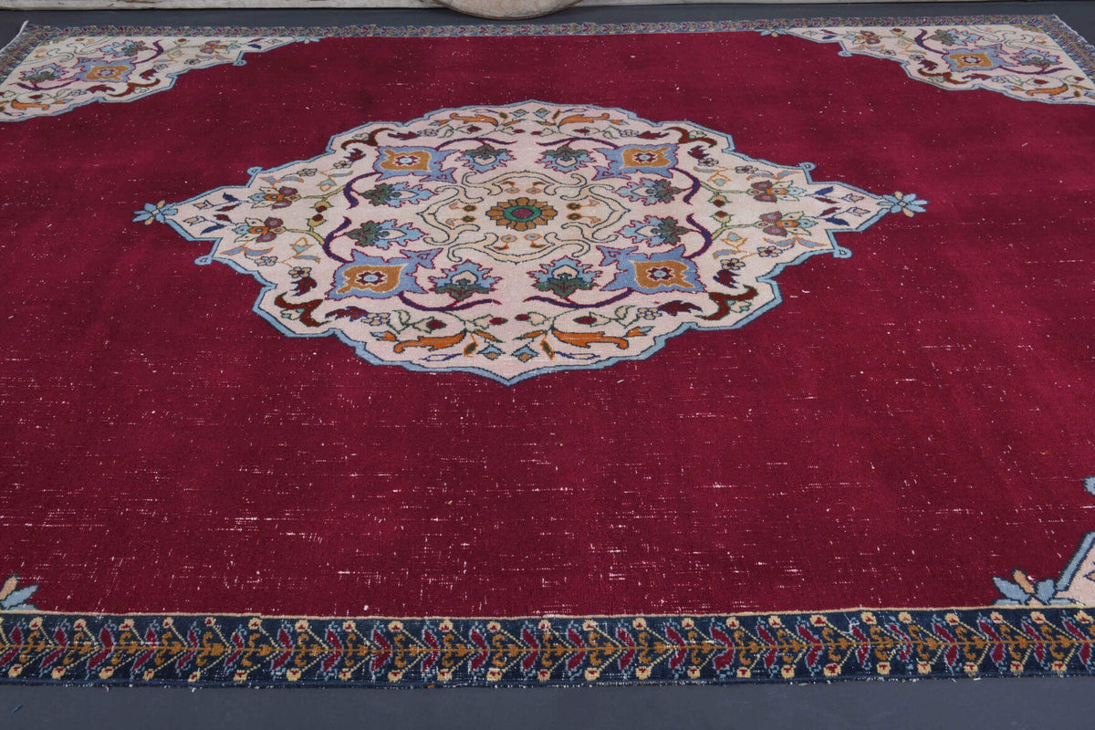 El yapımı vintage halı 244x366 cm oryantal desenli yün - kenar ve saçak detayı
