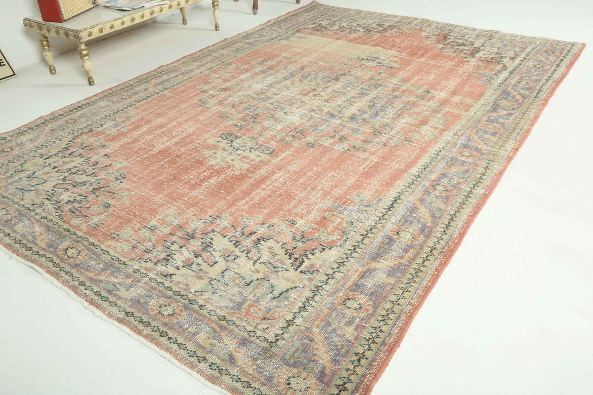 El yapımı vintage halı 183x274 cm çiçek desenli desenli yün - kenar ve saçak detayı