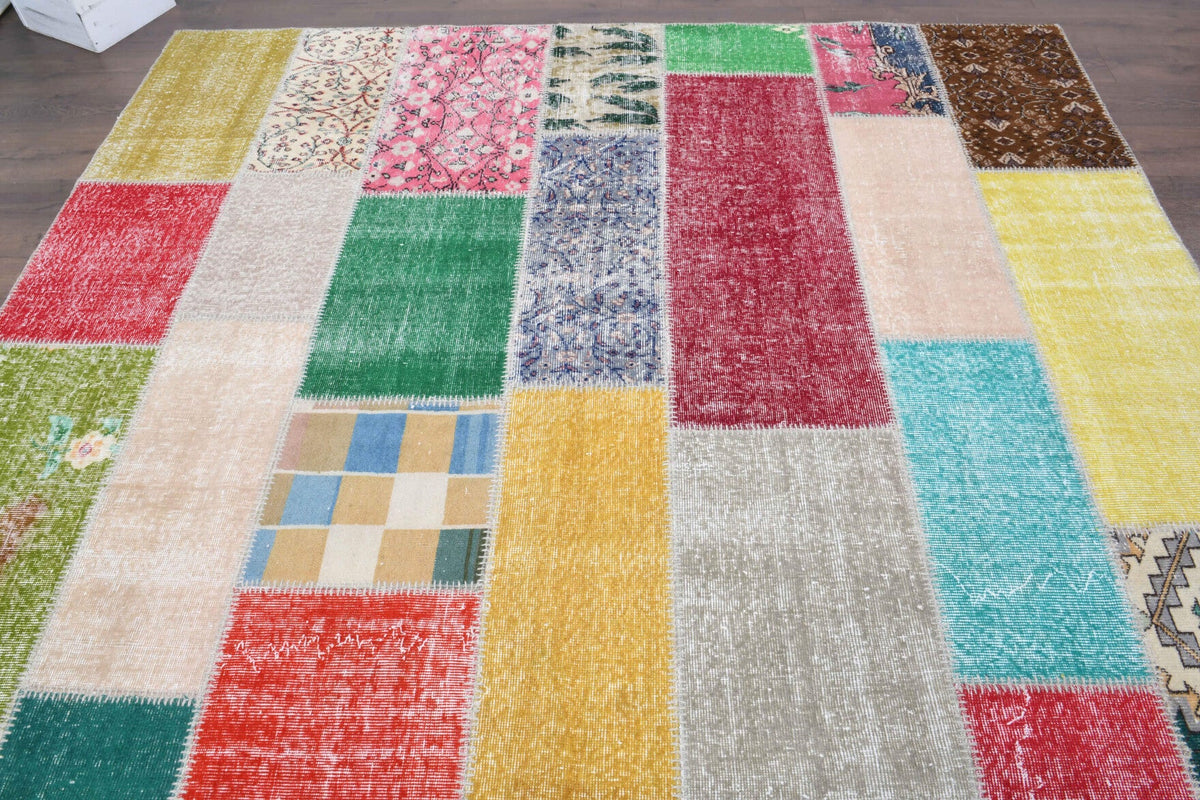 El yapımı vintage halı 254x340 cm tribal desenli yün - yakın çekim doku detayı
