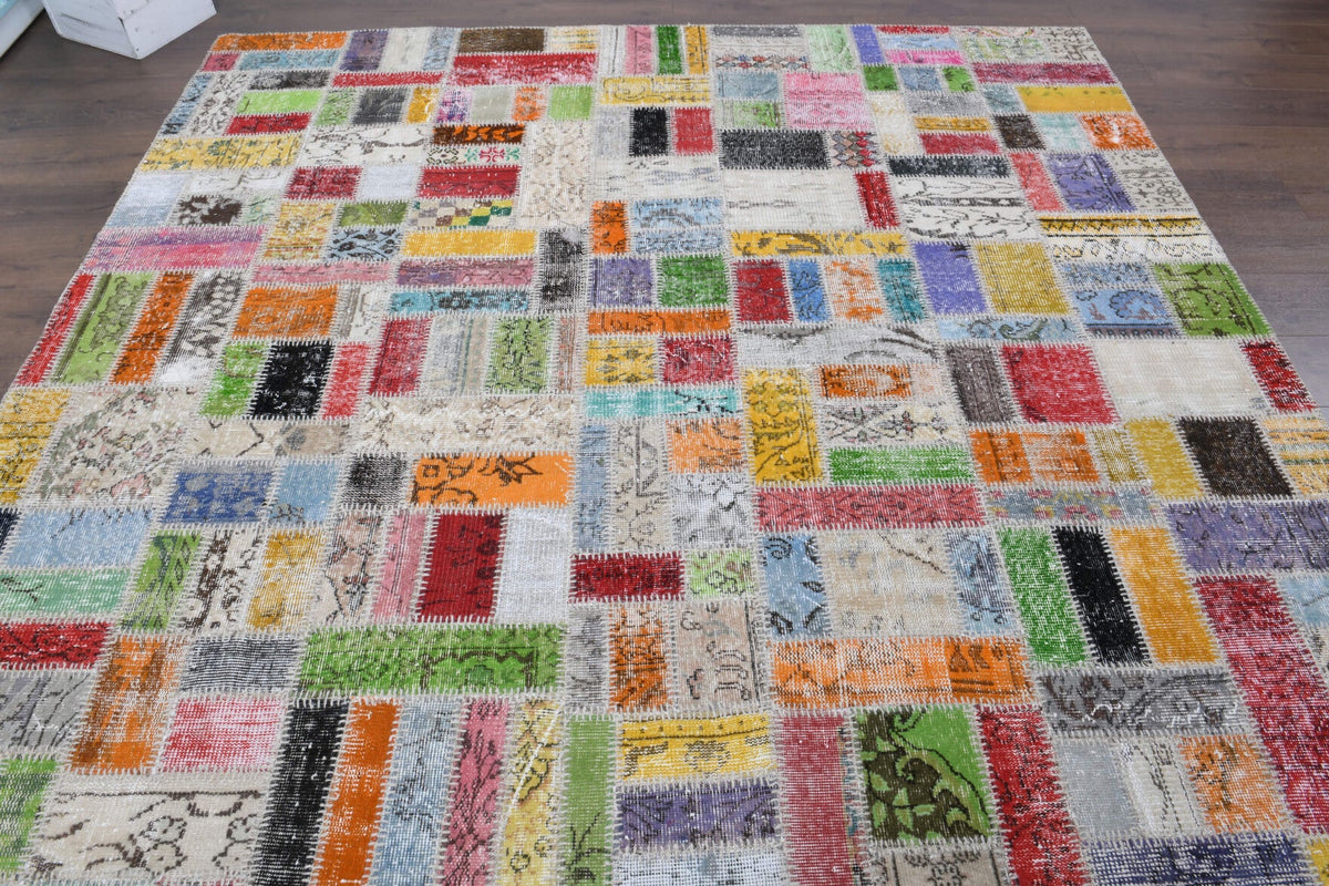 El yapımı vintage halı 249x353 cm tribal desenli yün - yakın çekim doku detayı