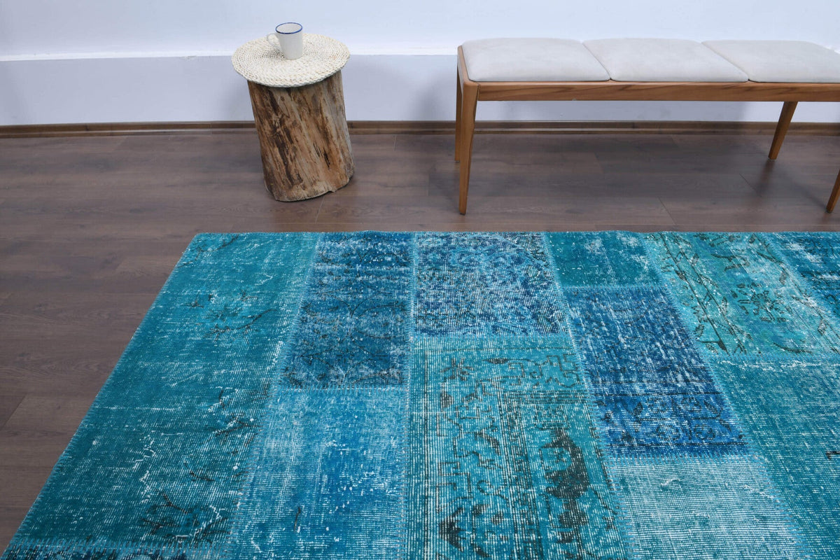 El yapımı vintage halı 254x353 cm i̇kat desenli yün - üstten görünüm