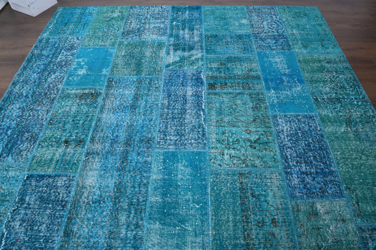 El yapımı vintage halı 254x353 cm i̇kat desenli yün - yakın çekim doku detayı