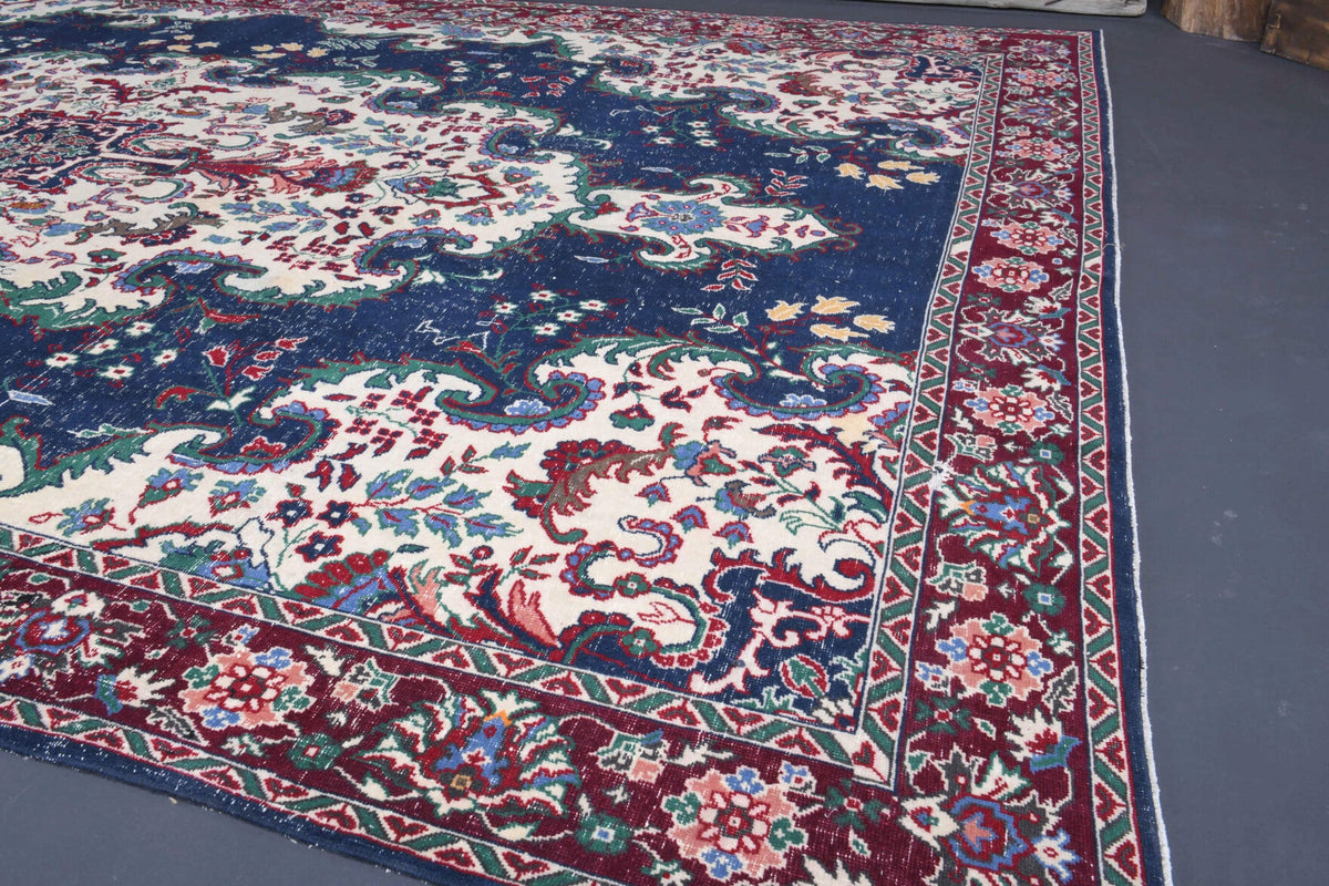 El yapımı vintage halı 244x427 cm oryantal desenli yün - kenar ve saçak detayı