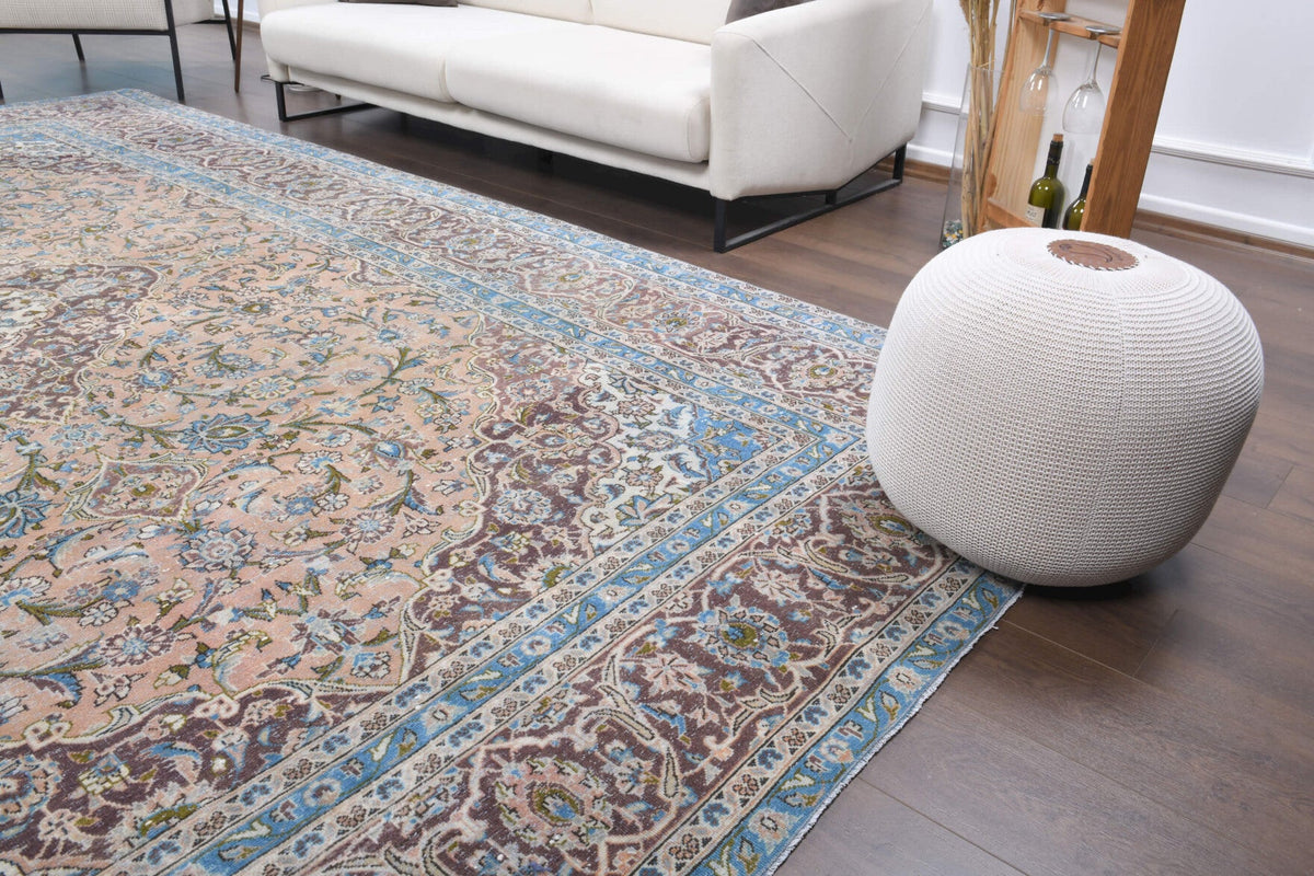 El yapımı vintage halı 287x411 cm oryantal desenli yün - yakın çekim doku detayı
