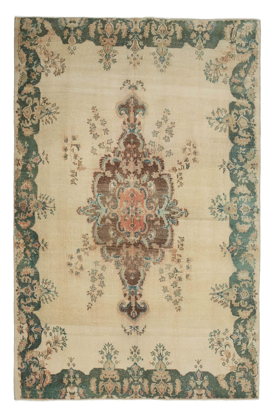 El yapımı vintage halı 183x274 cm madalyonlu desenli yün - detay görünümü