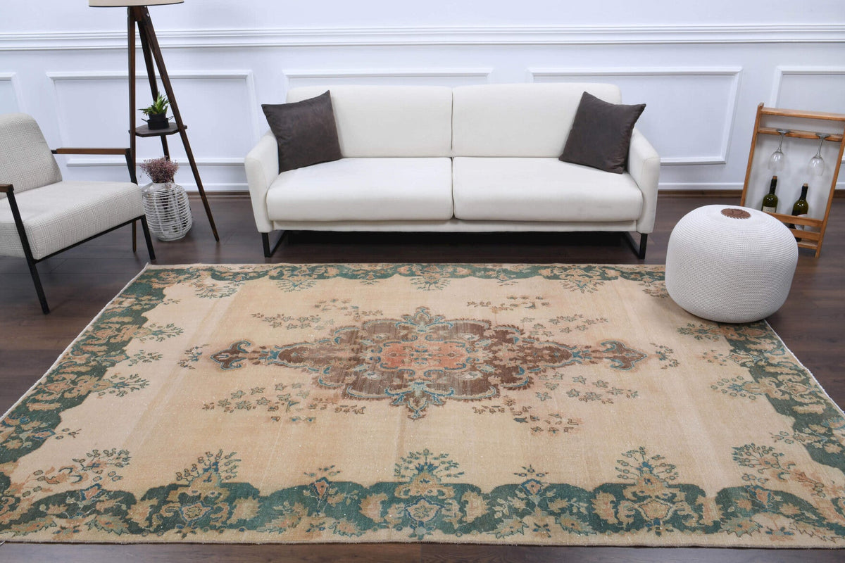 El yapımı vintage halı 183x274 cm madalyonlu desenli yün - detay görünümü