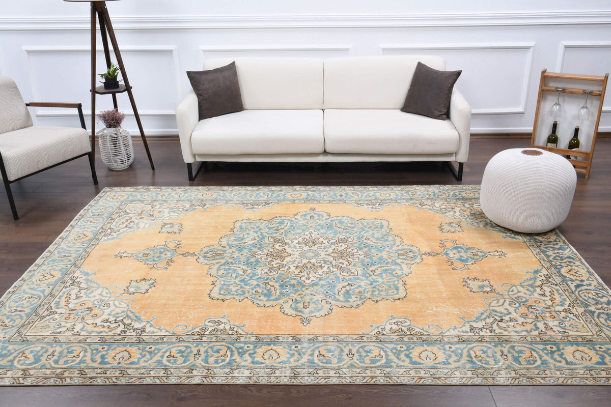 El yapımı vintage halı 203x295 cm oryantal desenli yün - detay görünümü