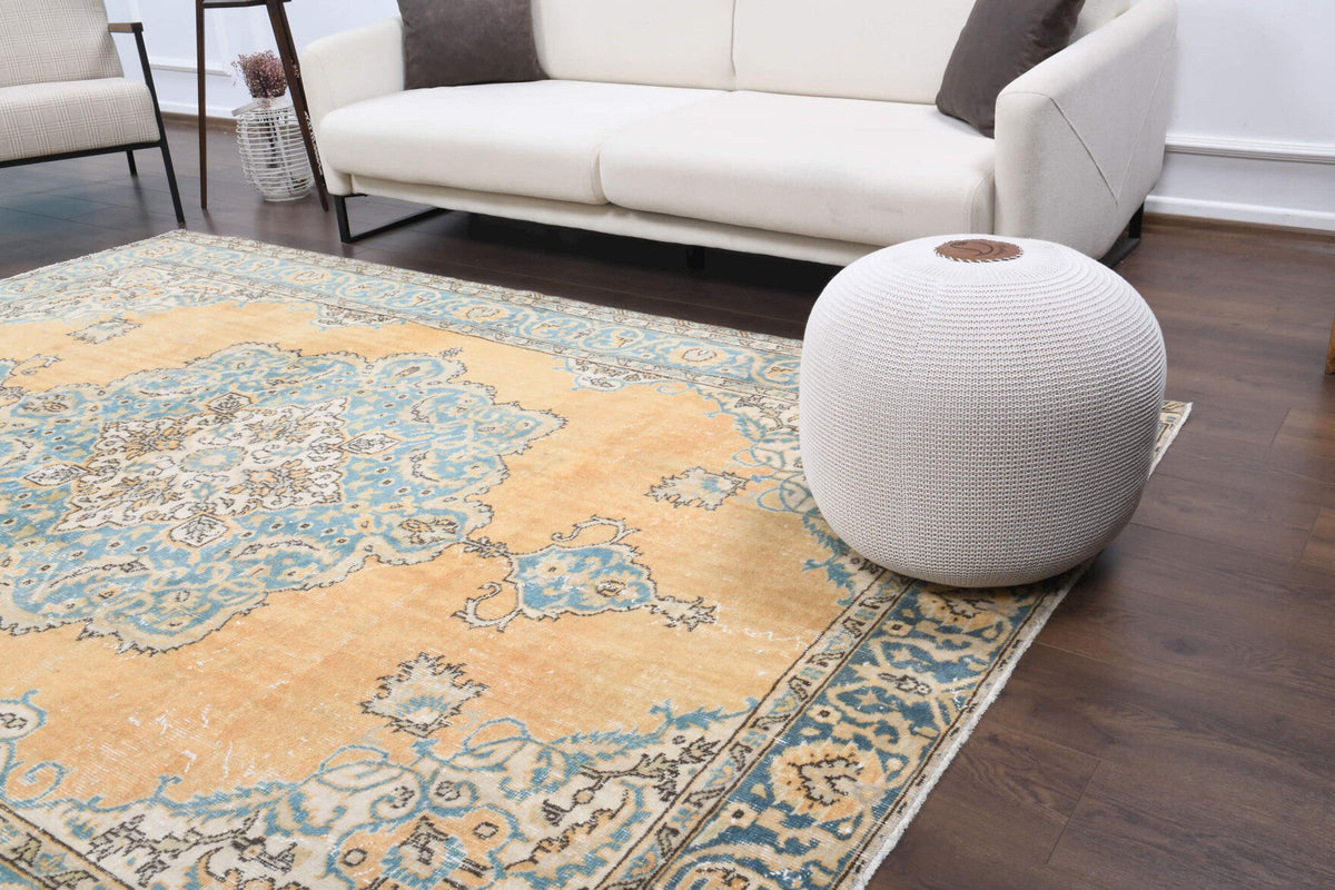 El yapımı vintage halı 203x295 cm oryantal desenli yün - yakın çekim doku detayı