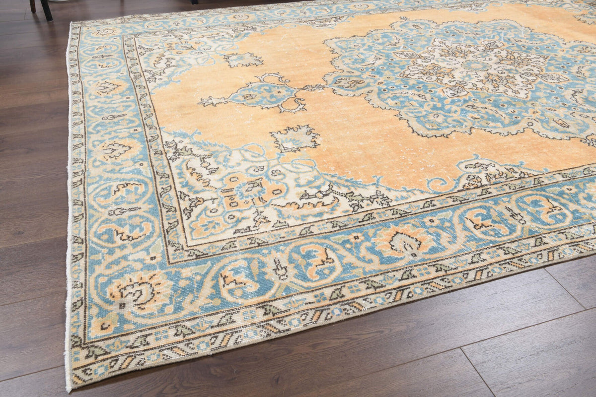 El yapımı vintage halı 203x295 cm oryantal desenli yün - kenar ve saçak detayı