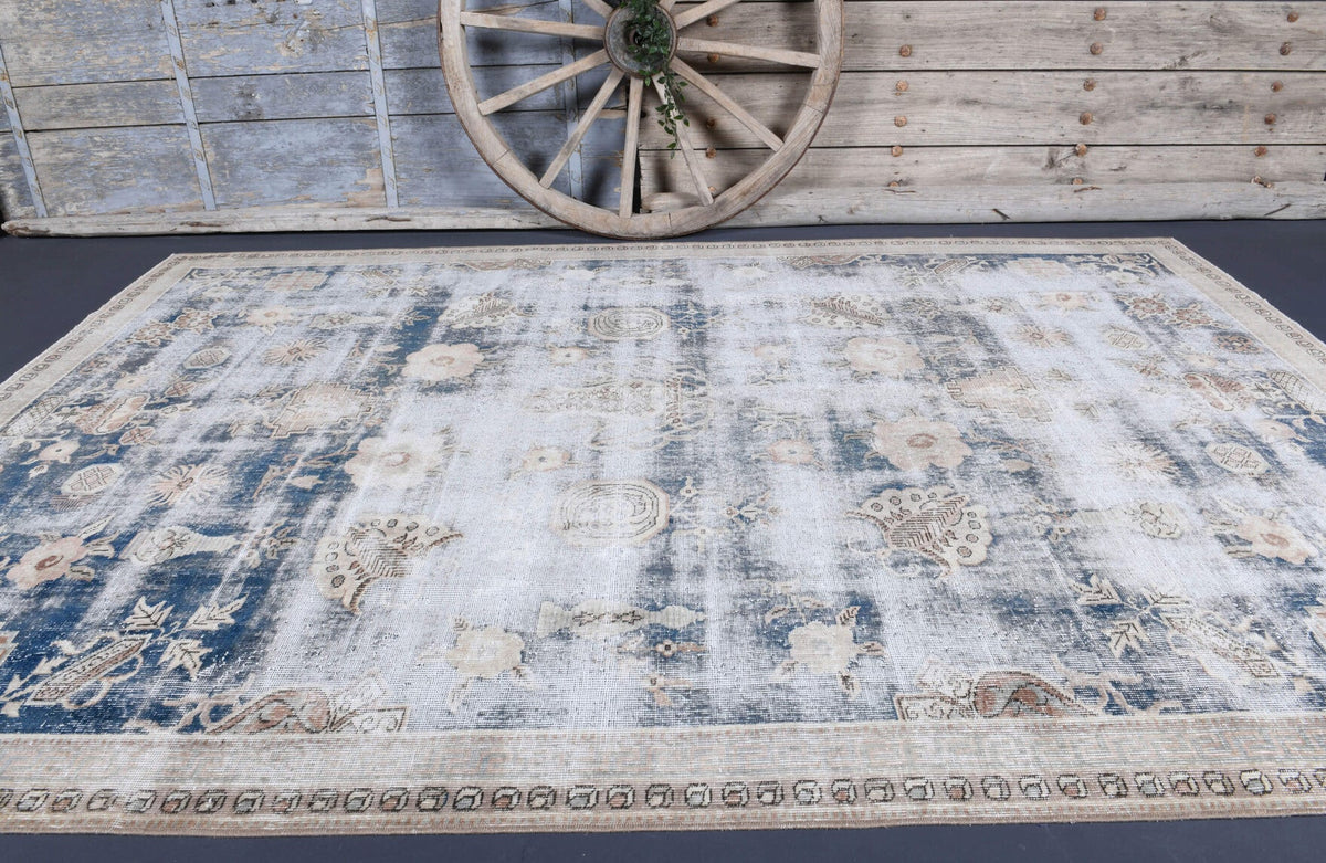 El yapımı vintage halı 203x310 cm oryantal desenli yün - yakın çekim doku detayı