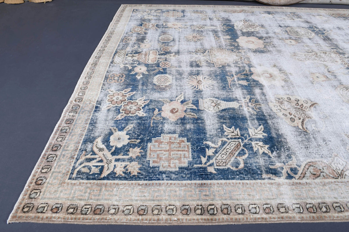 El yapımı vintage halı 203x310 cm oryantal desenli yün - kenar ve saçak detayı