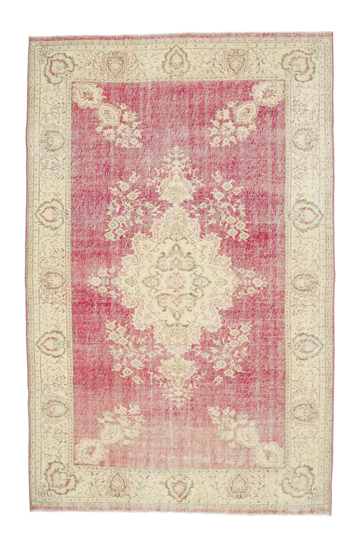 El yapımı vintage halı 185x290 cm bordürlü desenli yün - üstten görünüm