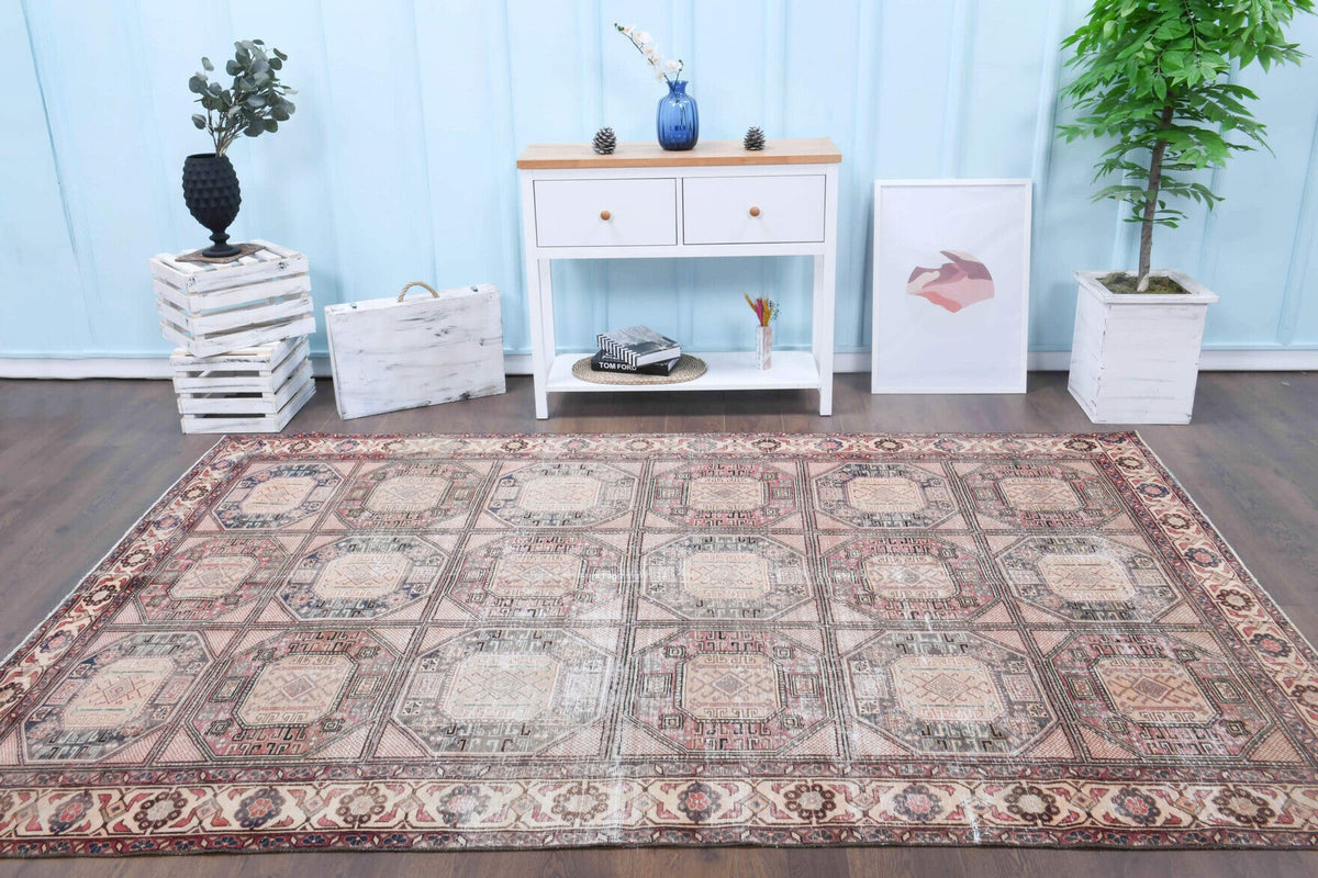 El yapımı vintage halı 183x274 cm i̇kat desenli yün - detay görünümü
