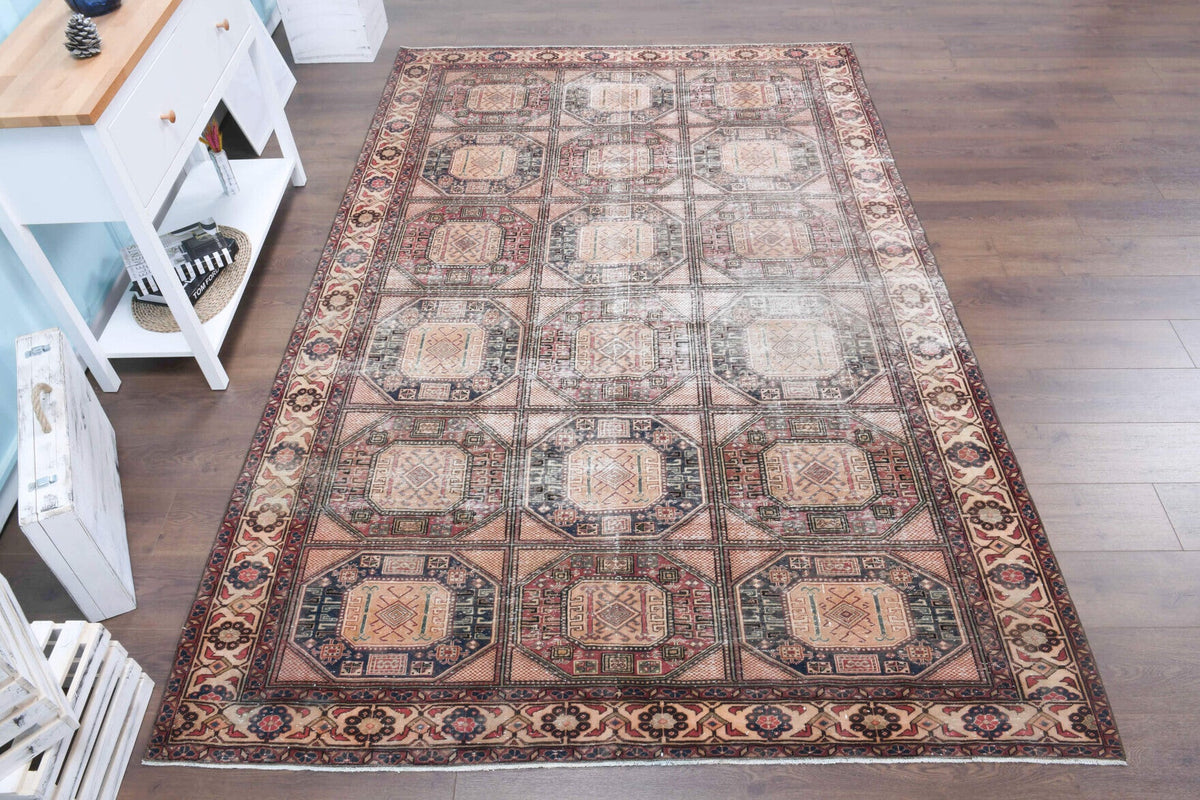 El yapımı vintage halı 183x274 cm i̇kat desenli yün - yakın çekim doku detayı