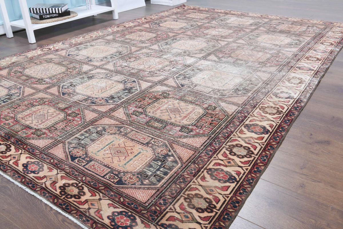 El yapımı vintage halı 183x274 cm i̇kat desenli yün - kenar ve saçak detayı