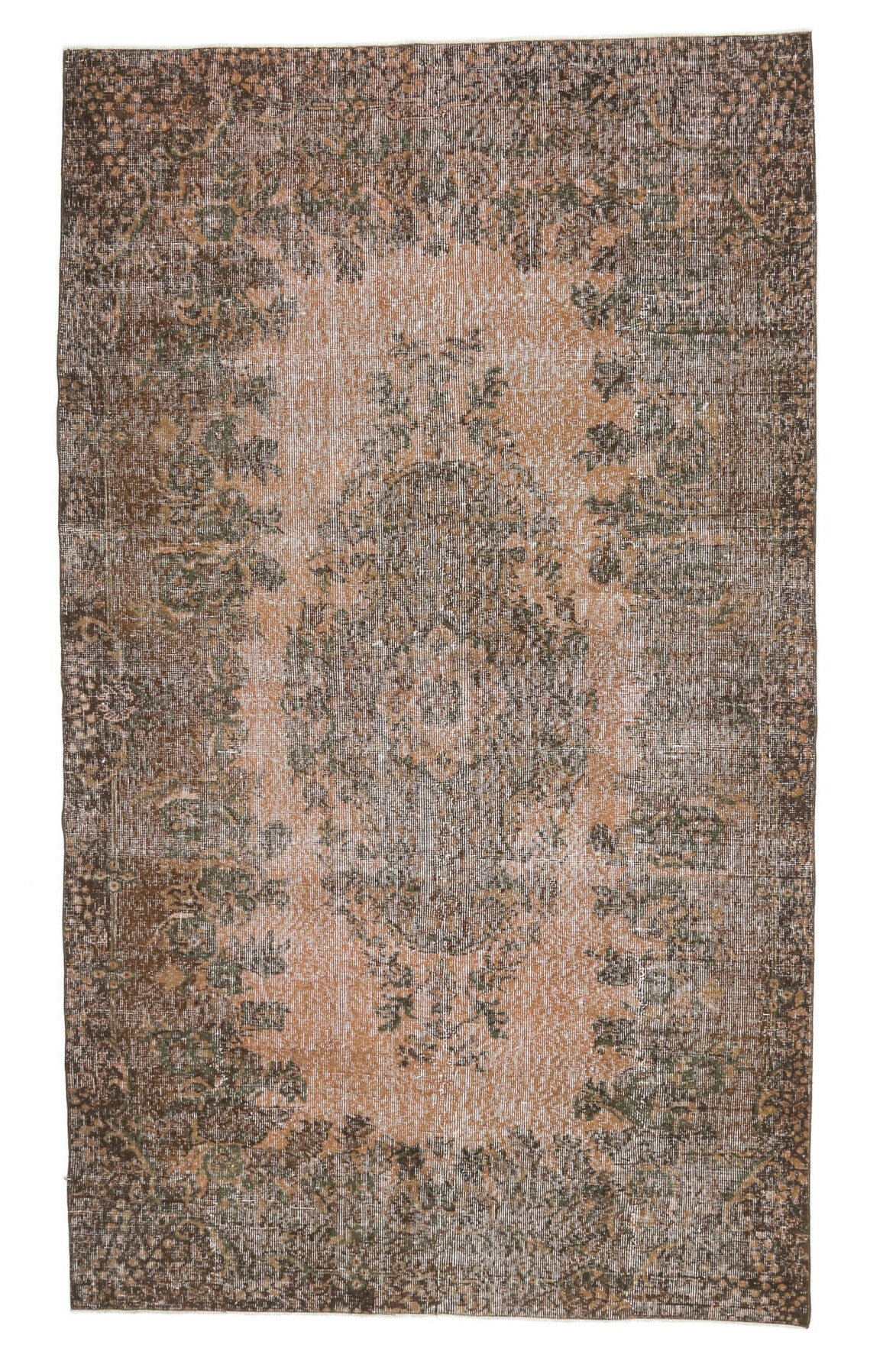170x275 cm kahverengi ve turuncu oryantal desenli el dokuma vintage halı – üstten tam görünüm