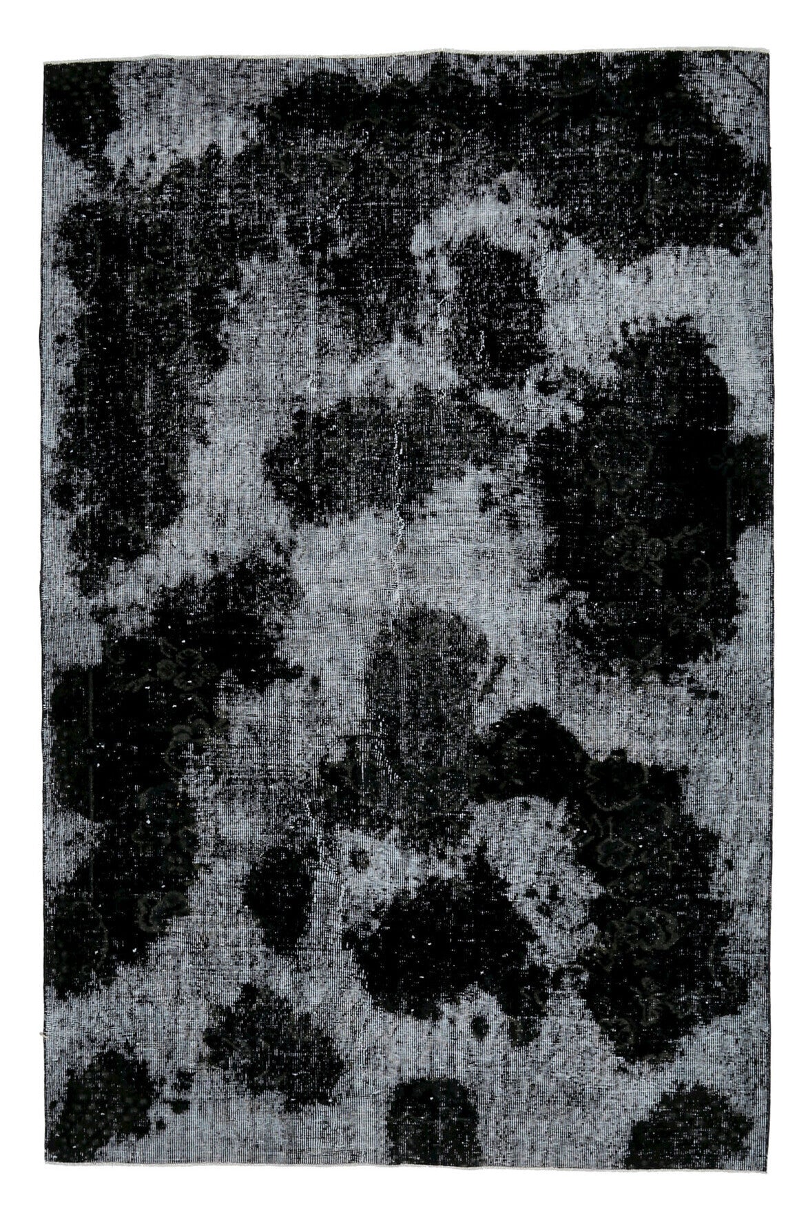 170x261 cm siyah, mavi ve gri oryantal desenli el dokuma vintage halı – üstten tam görünüm