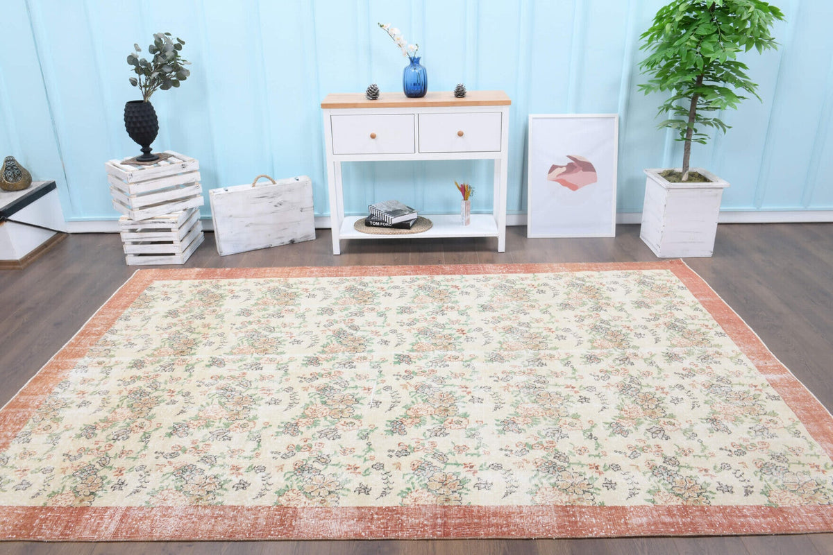El yapımı vintage halı 196x300 cm bordürlü desenli yün - detay görünümü