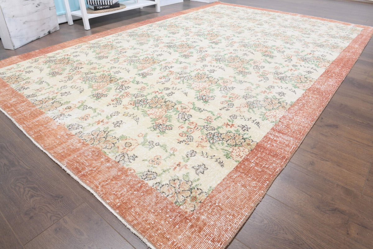 El yapımı vintage halı 196x300 cm bordürlü desenli yün - kenar ve saçak detayı
