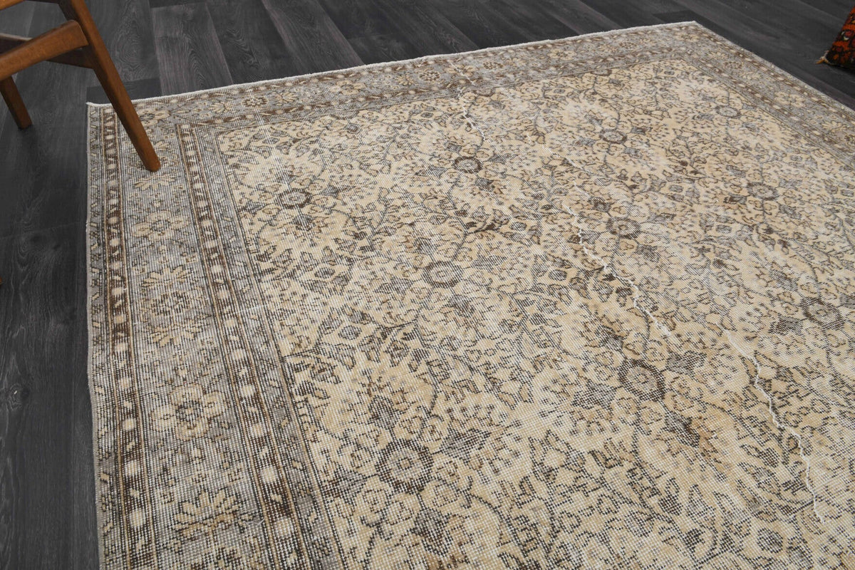 El yapımı vintage halı 211x310 cm çiçek desenli desenli yün - üstten görünüm