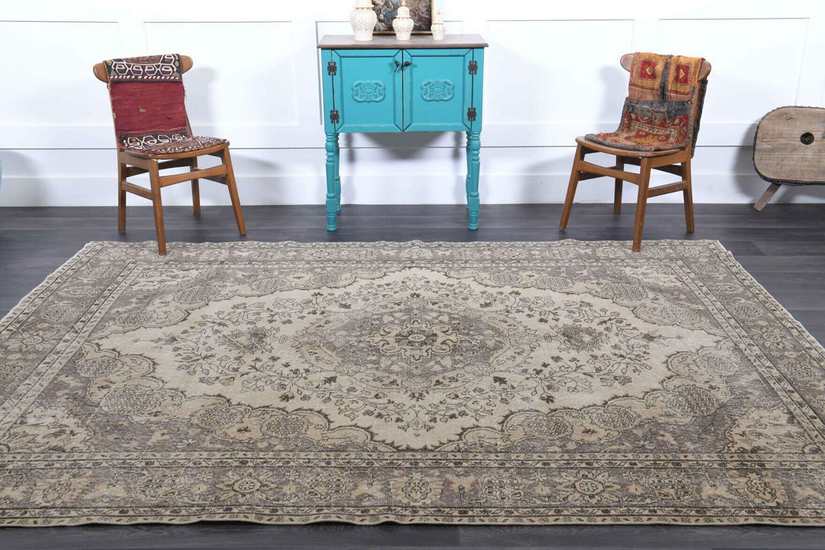 El yapımı vintage halı 211x300 cm oryantal desenli yün - kenar ve saçak detayı