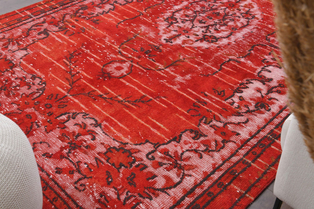 El yapımı vintage halı 183x323 cm oryantal desenli yün - yakın çekim doku detayı