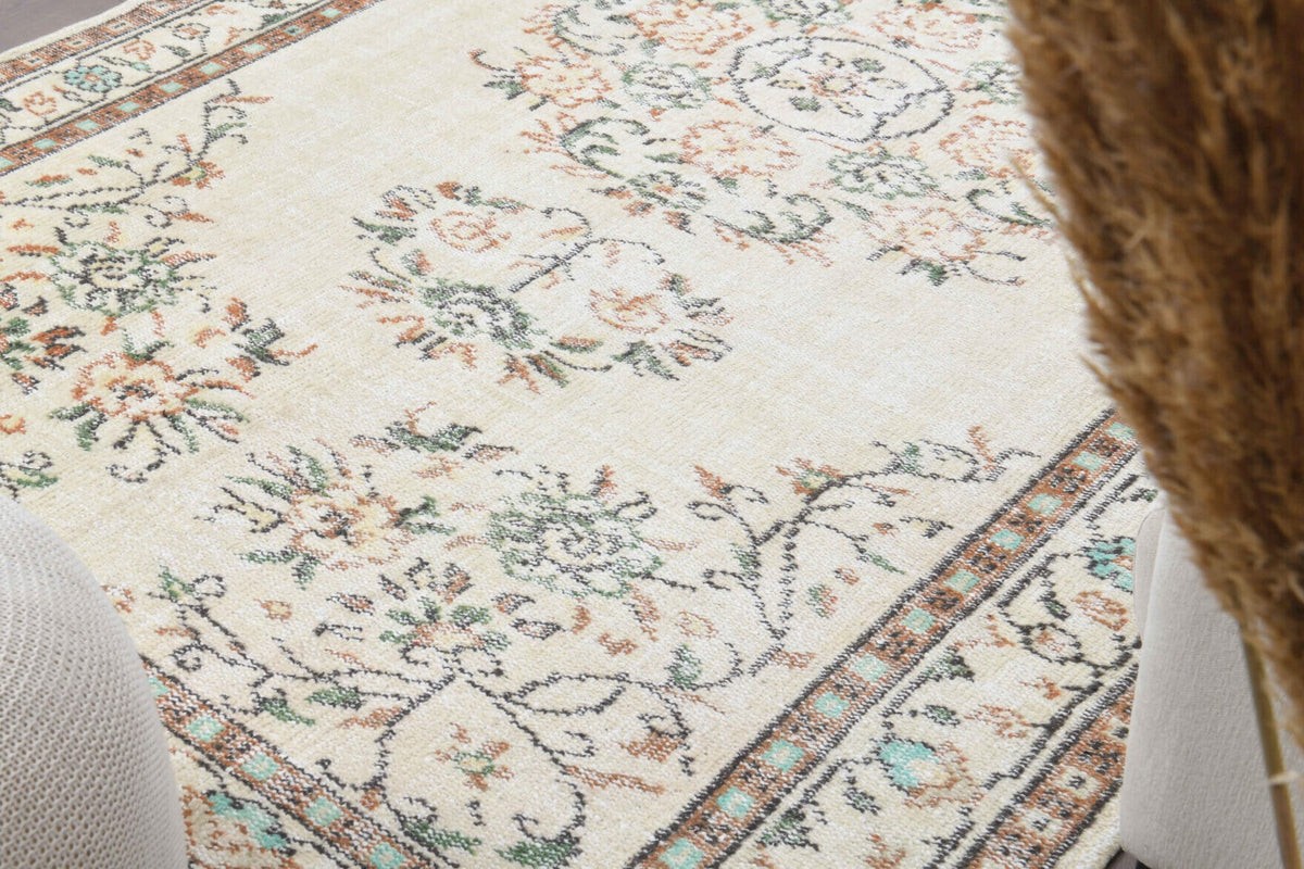 El yapımı vintage halı 185x300 cm oryantal desenli yün - yakın çekim doku detayı