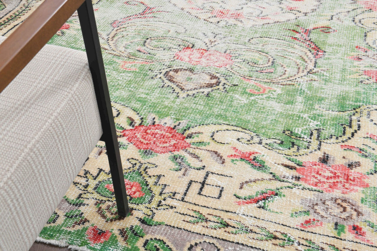 El yapımı vintage halı 183x274 cm çiçek desenli desenli yün - üstten görünüm