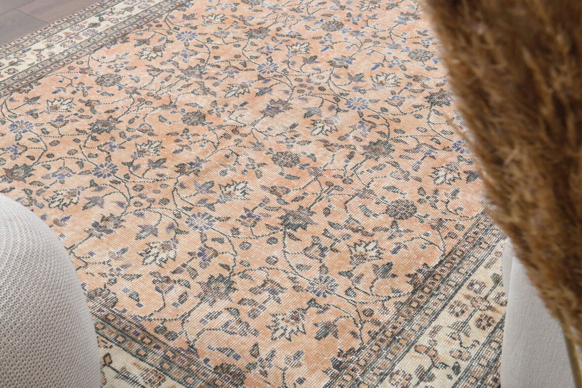 El yapımı vintage halı 188x290 cm çiçek desenli desenli yün - yakın çekim doku detayı