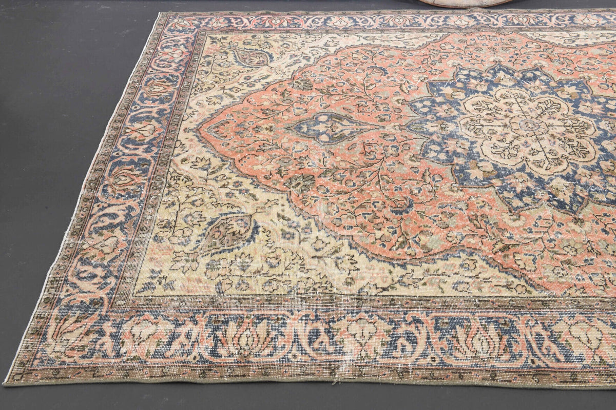 El yapımı vintage halı 201x287 cm oryantal desenli yün - kenar ve saçak detayı