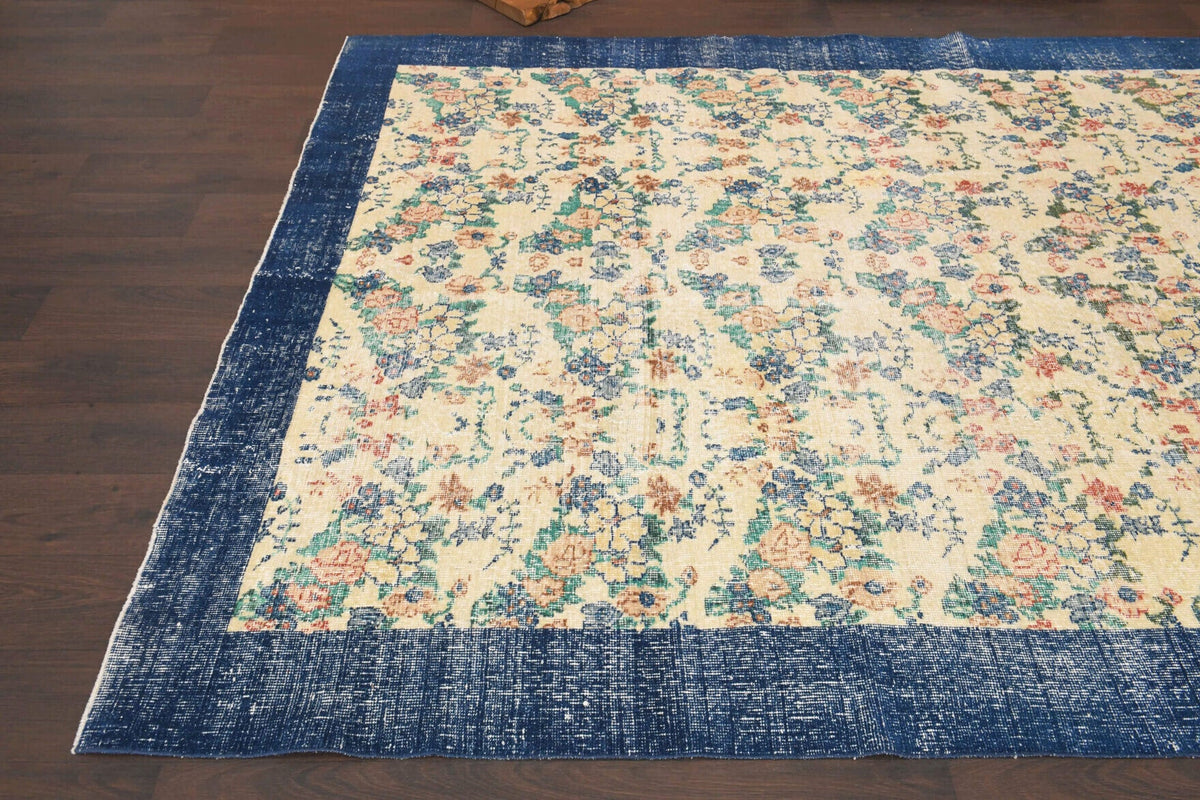 El yapımı vintage halı 211x315 cm çiçek desenli desenli yün - kenar ve saçak detayı