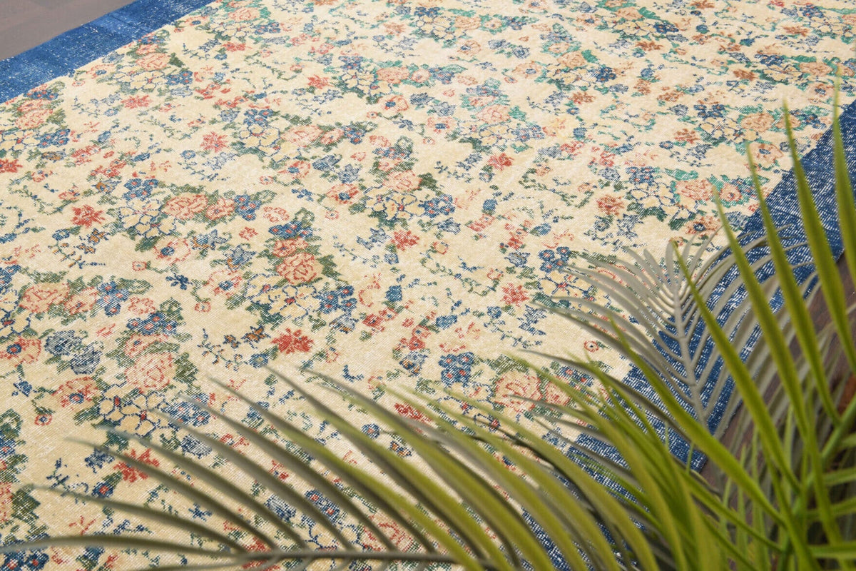 El yapımı vintage halı 211x315 cm çiçek desenli desenli yün - üstten görünüm