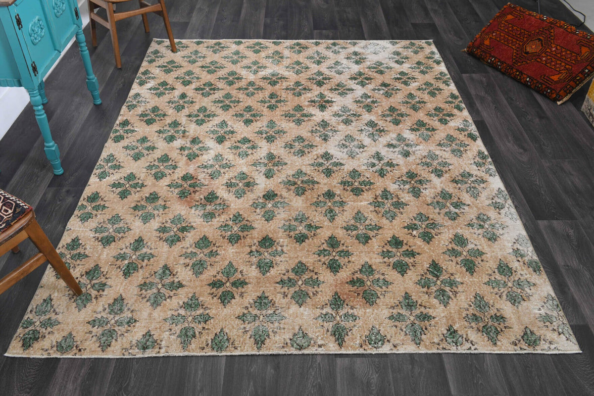 El yapımı vintage halı 213x274 cm çiçek desenli desenli yün - detay görünümü