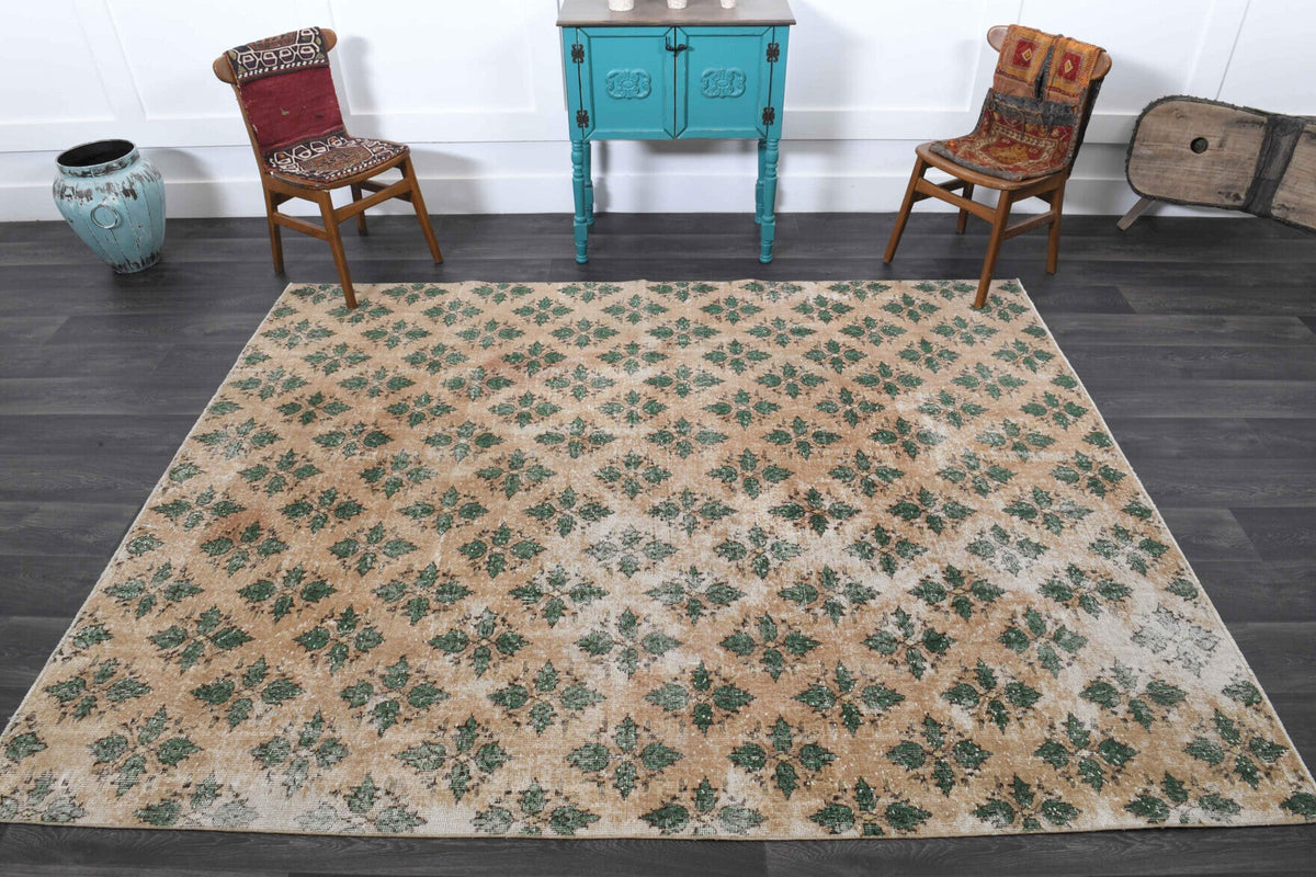 El yapımı vintage halı 213x274 cm çiçek desenli desenli yün - desen detayı