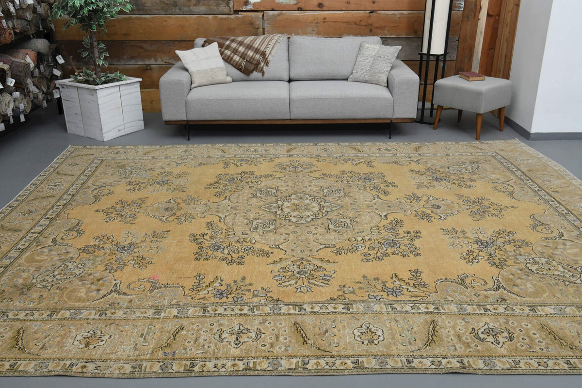 El yapımı vintage halı 292x381 cm oryantal desenli yün - detay görünümü