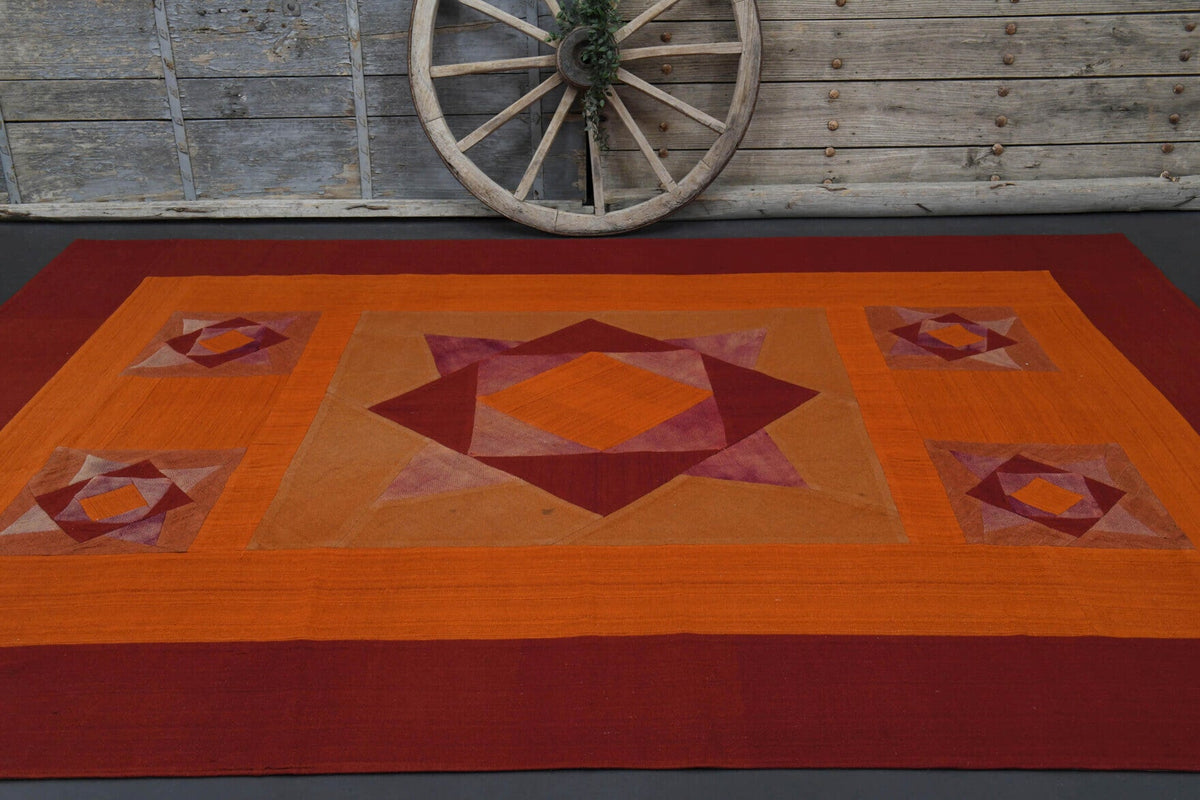 El yapımı vintage halı 249x356 cm geometrik desenli yün - kenar ve saçak detayı
