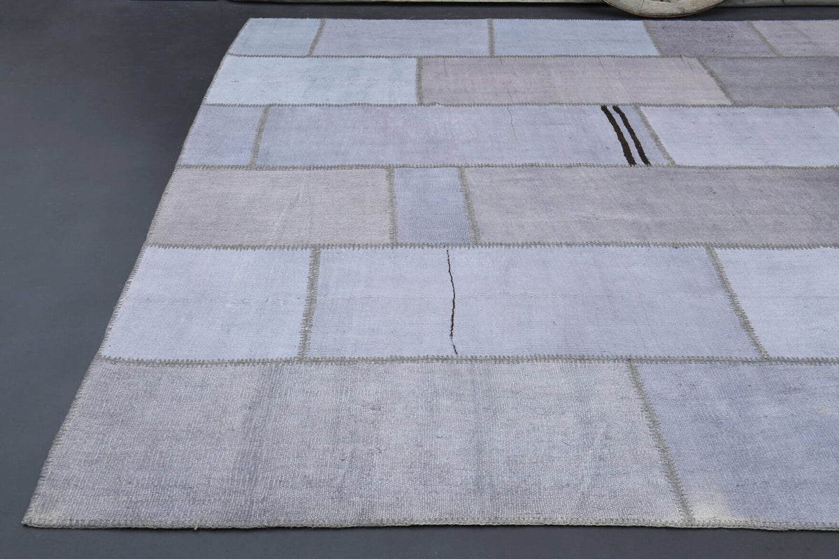 El yapımı vintage halı 292x396 cm patchwork desenli yün - kenar ve saçak detayı