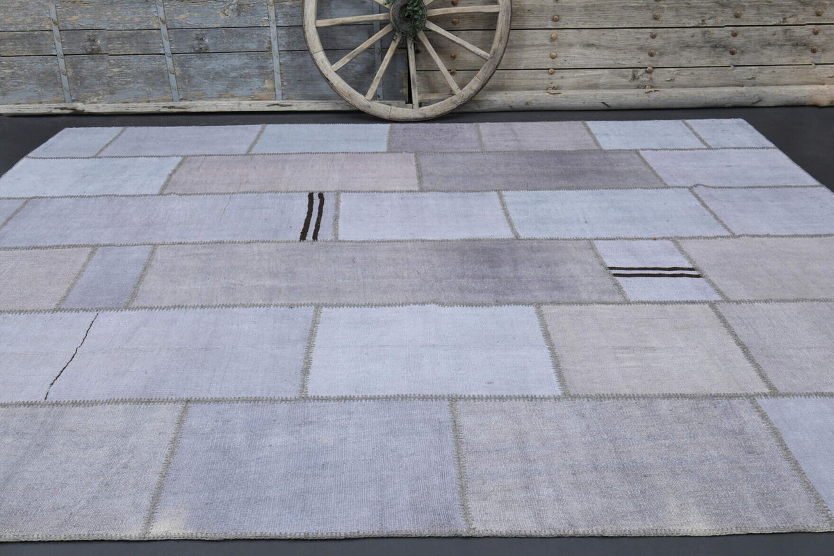 El yapımı vintage halı 292x396 cm patchwork desenli yün - desen detayı