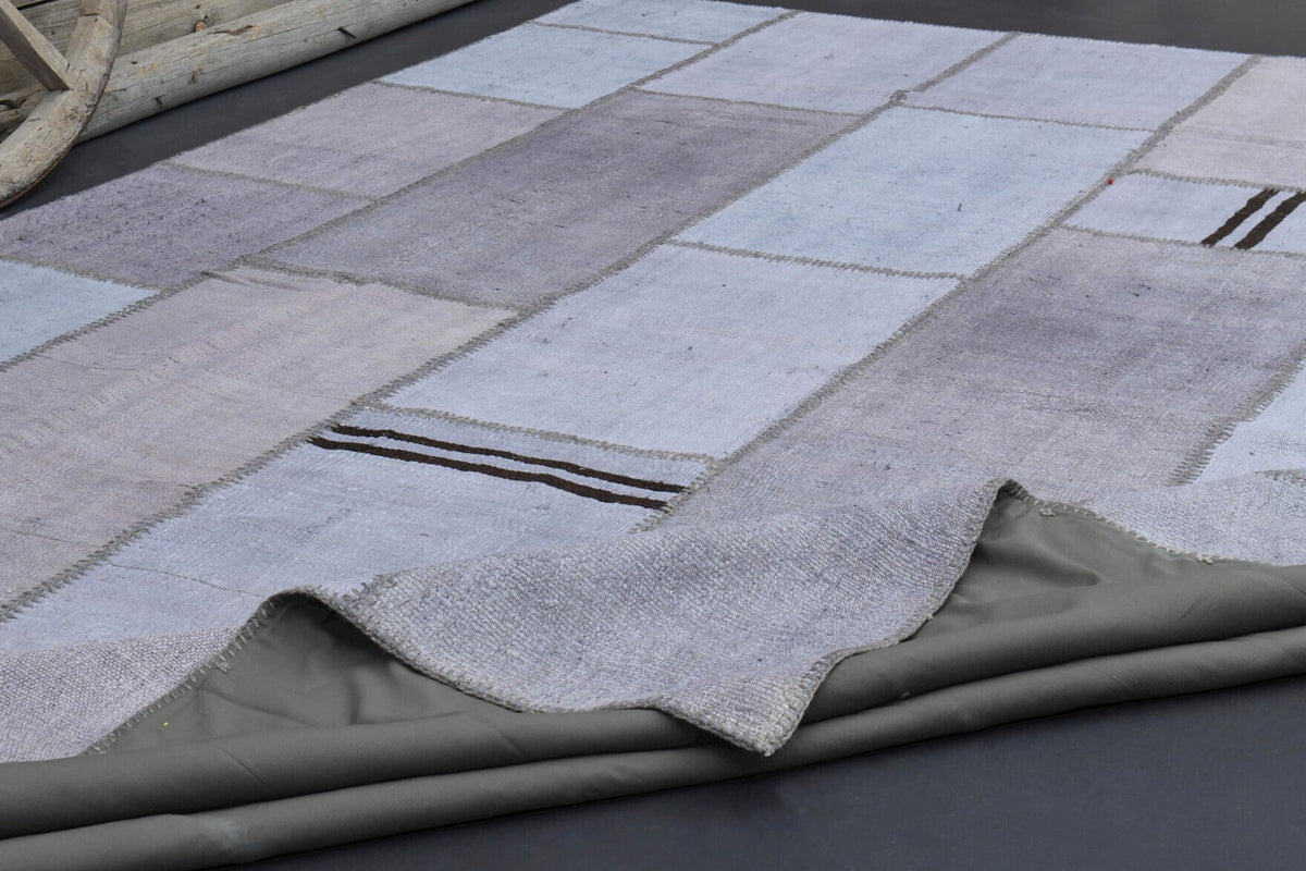 El yapımı vintage halı 292x396 cm patchwork desenli yün