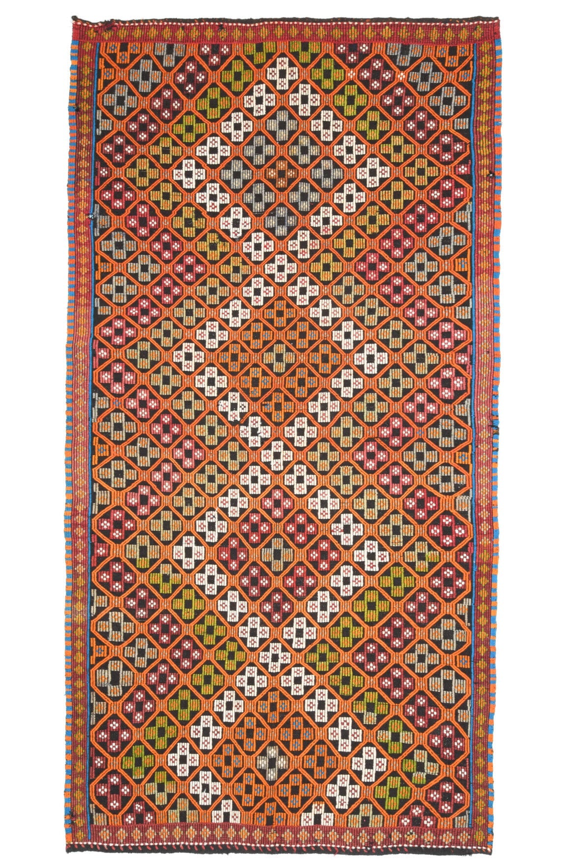 El yapımı vintage halı 180x353 cm i̇kat desenli yün - ışık altında renk detayı