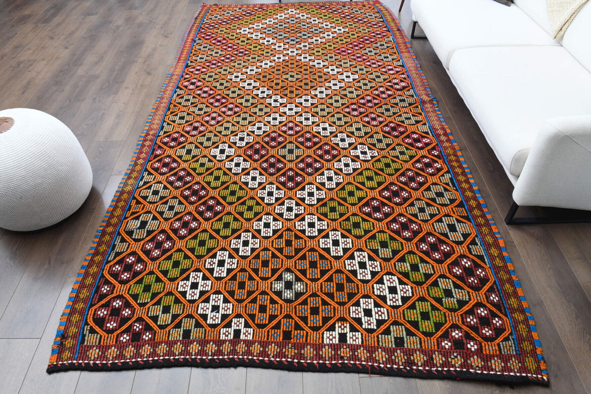 El yapımı vintage halı 180x353 cm i̇kat desenli yün - detay görünümü