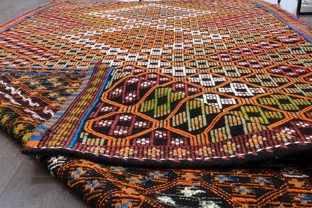 El yapımı vintage halı 180x353 cm i̇kat desenli yün - kenar ve saçak detayı