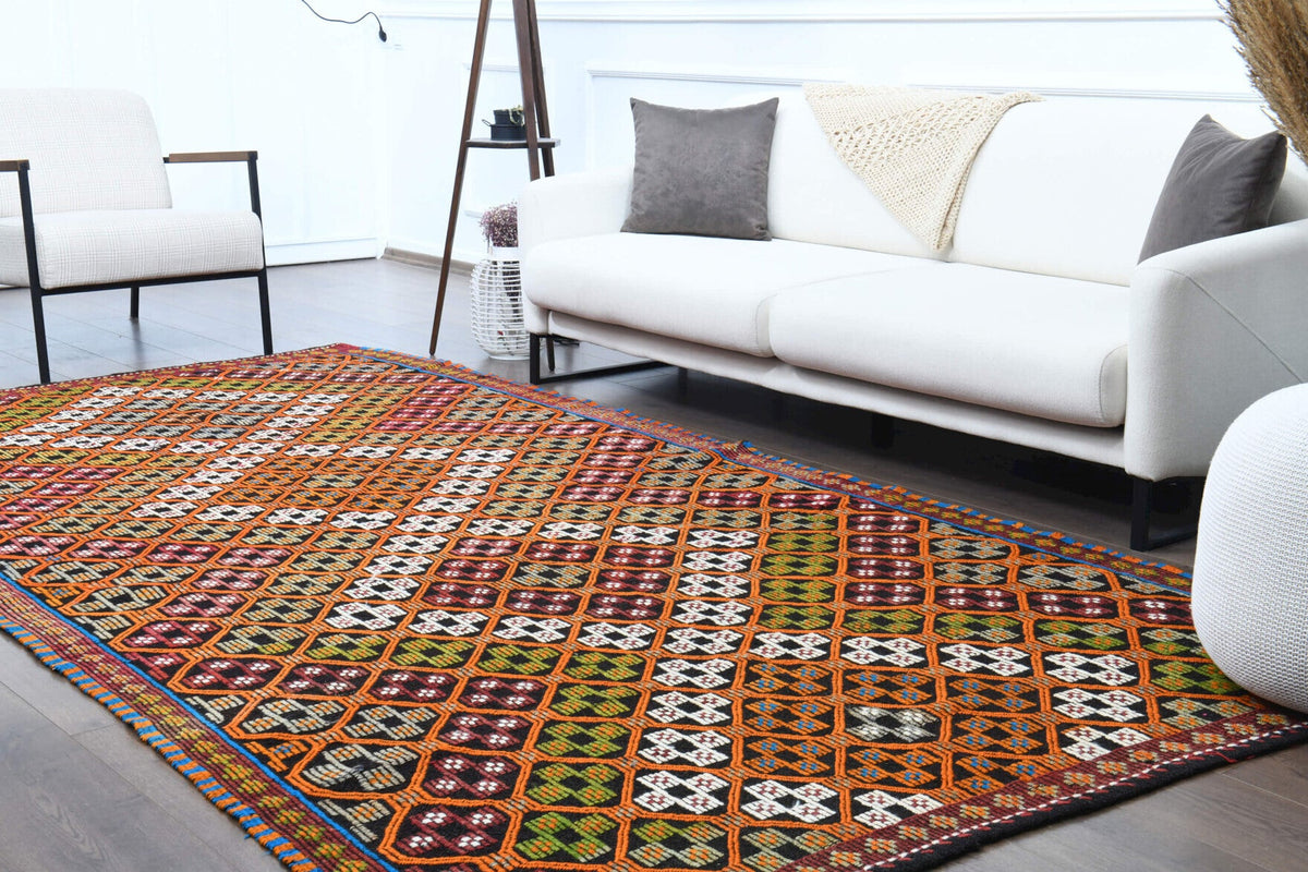 El yapımı vintage halı 180x353 cm i̇kat desenli yün - açık alan görünümü