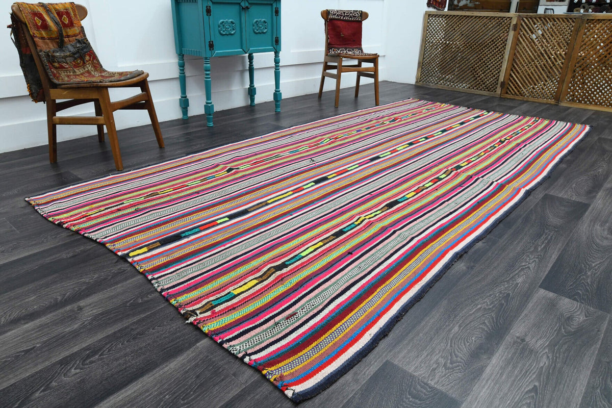 El yapımı vintage halı 170x353 cm çizgili desenli yün - yakın çekim doku detayı