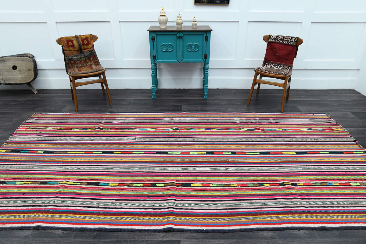 El yapımı vintage halı 170x353 cm çizgili desenli yün - kenar ve saçak detayı
