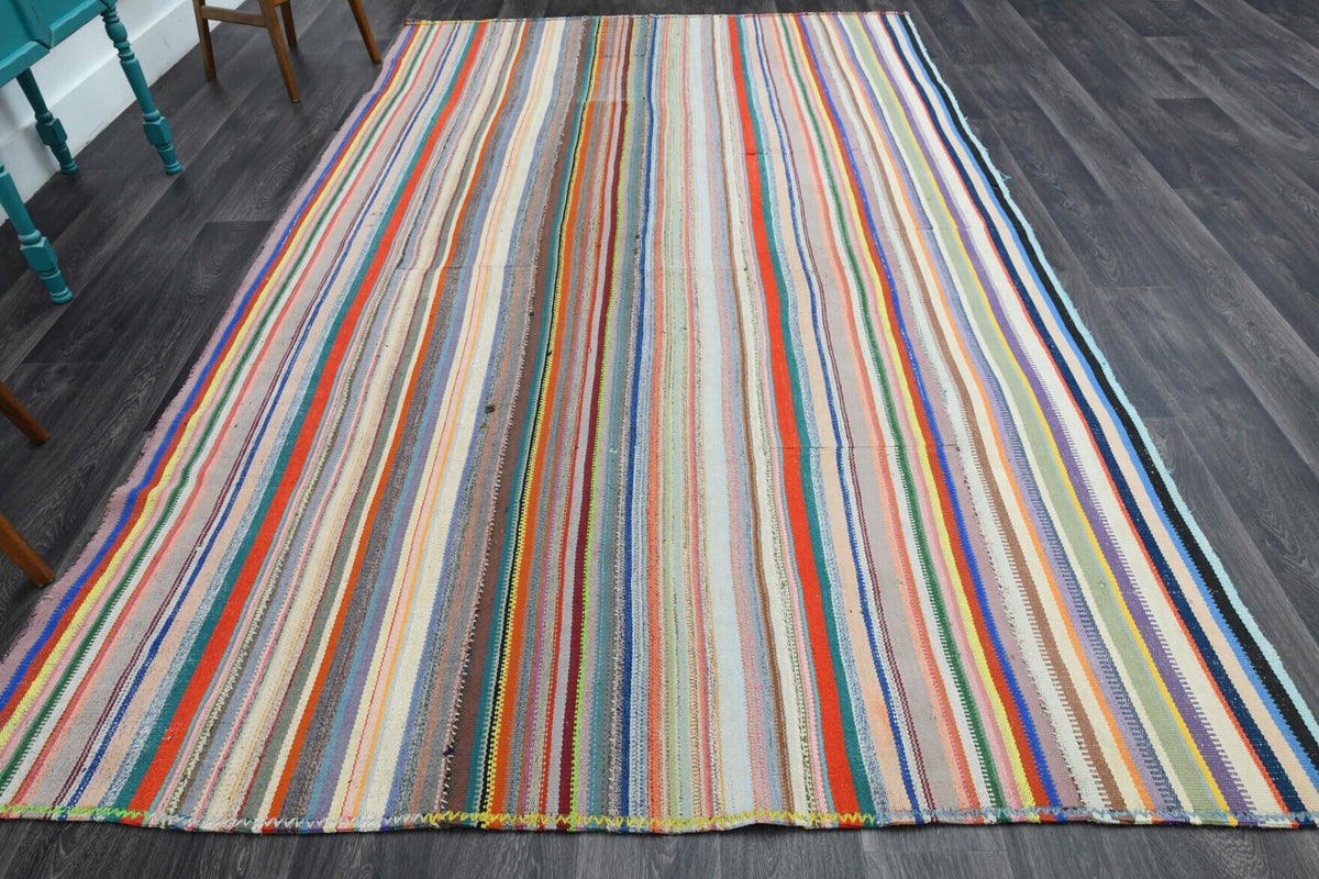 El yapımı vintage halı 211x340 cm çizgili desenli yün - detay görünümü