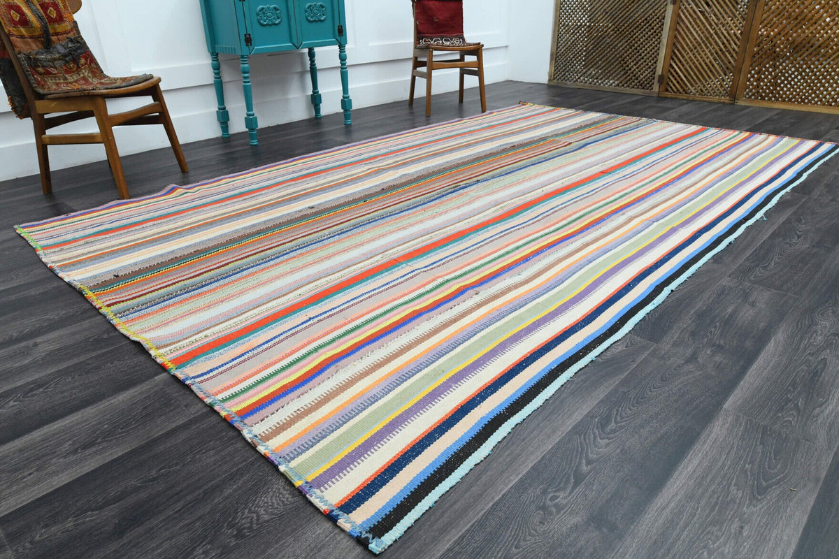 El yapımı vintage halı 211x340 cm çizgili desenli yün - yakın çekim doku detayı
