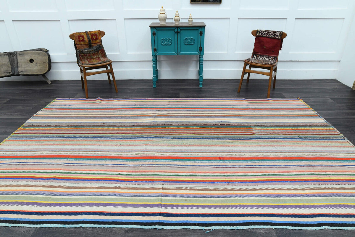 El yapımı vintage halı 211x340 cm çizgili desenli yün - kenar ve saçak detayı