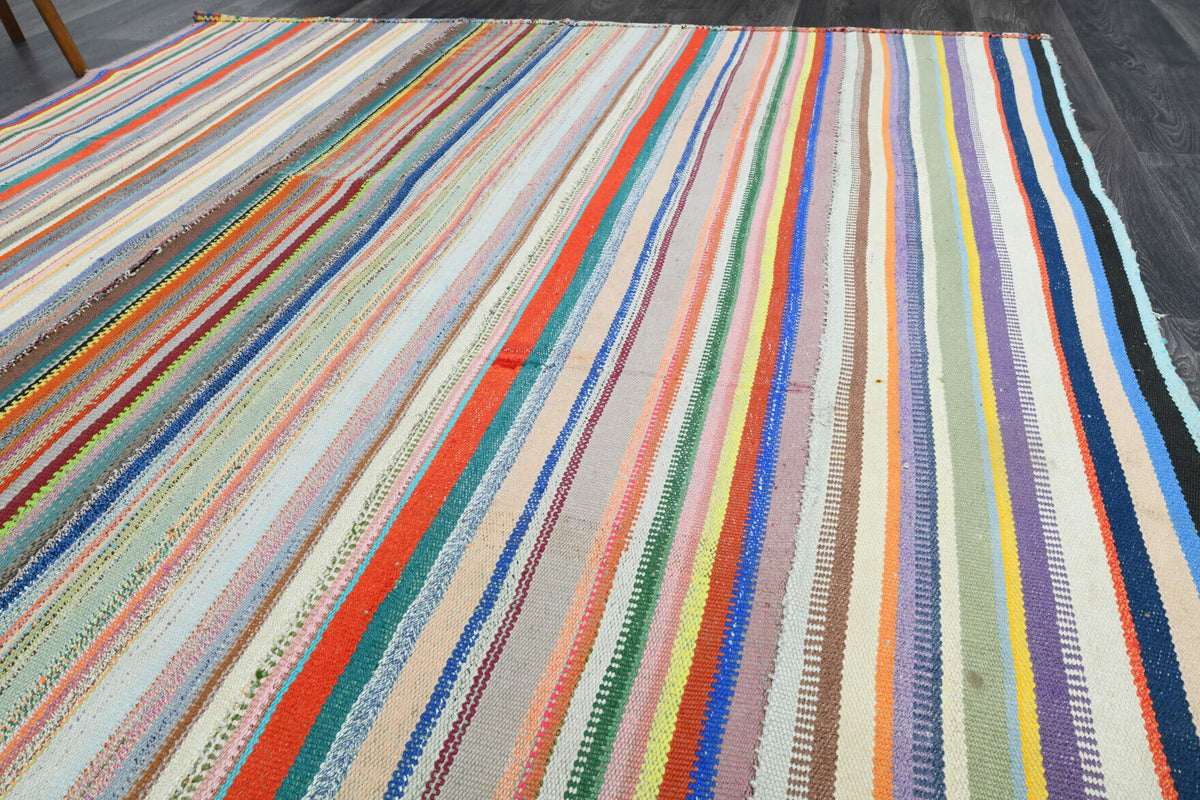 El yapımı vintage halı 211x340 cm çizgili desenli yün - mekan görünümü